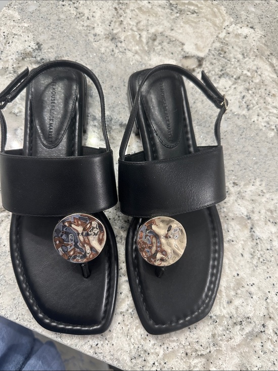 White House Black Market Shoes - NEW Black Women's Leather Toe-Post Sandals with Decorative Medallion